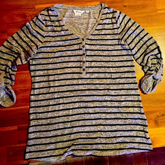 Reitmans top grey with black stripes. Stretchy fabric button down v neck sweater - Picture 1 of 10